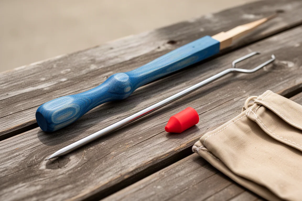 Blau lackierter Holzgriff und Edelstahlstab mit rotem Spitzenschutz auf einem Tisch