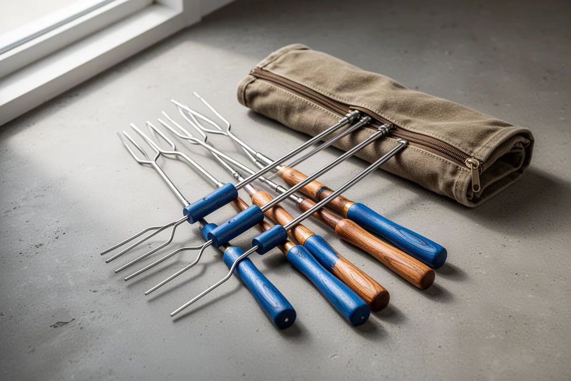 Five telescoping roasting sticks with blue wooden handles beside a canvas pouch