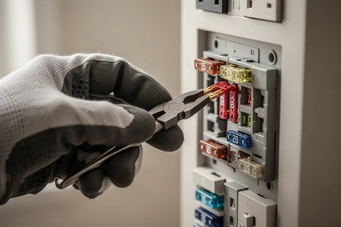 Technik wkładający bezpiecznik do skrzynki bezpieczników za pomocą małych szczypiec
