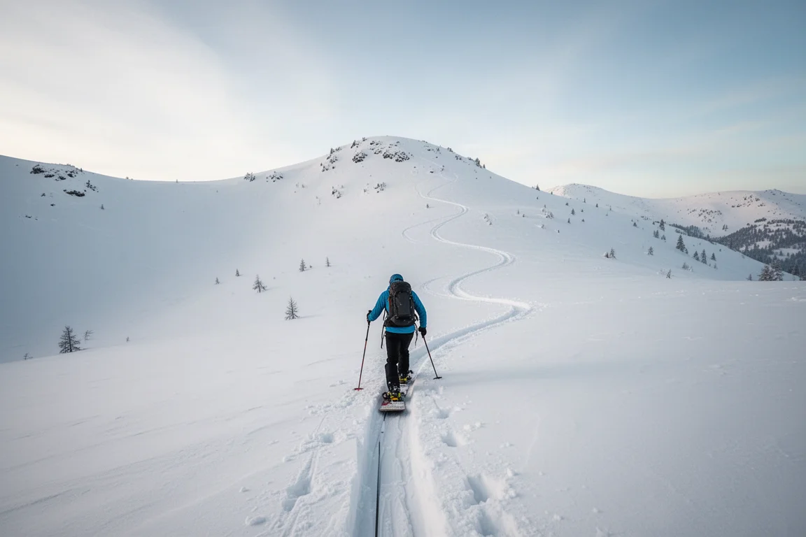Splitboarder subiendo una traza de pieles en nieve de travesía con suave luz matinal