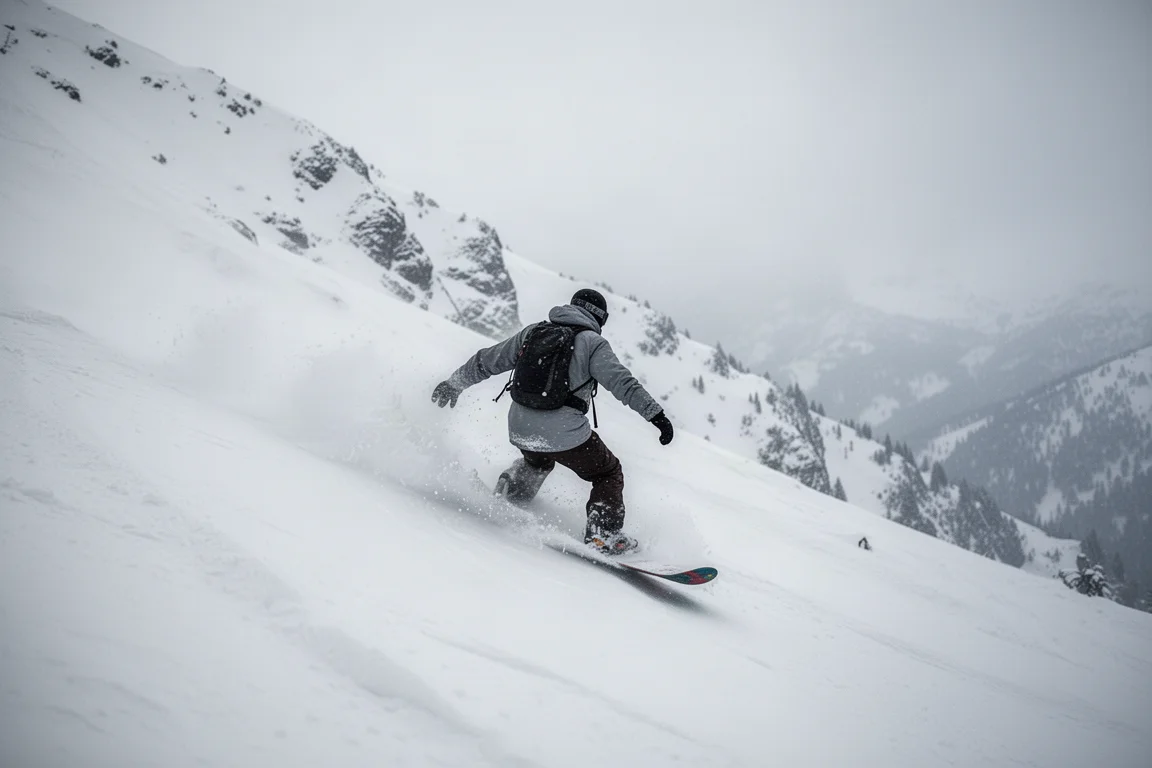 Snowboarder freerider estirándose en nieve profunda en una pendiente montañosa empinada