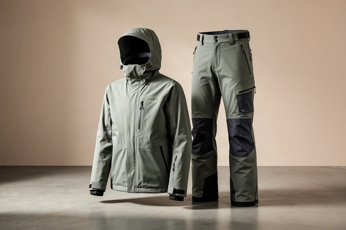 Jones Shralpinist jacket and pants arranged on a concrete surface