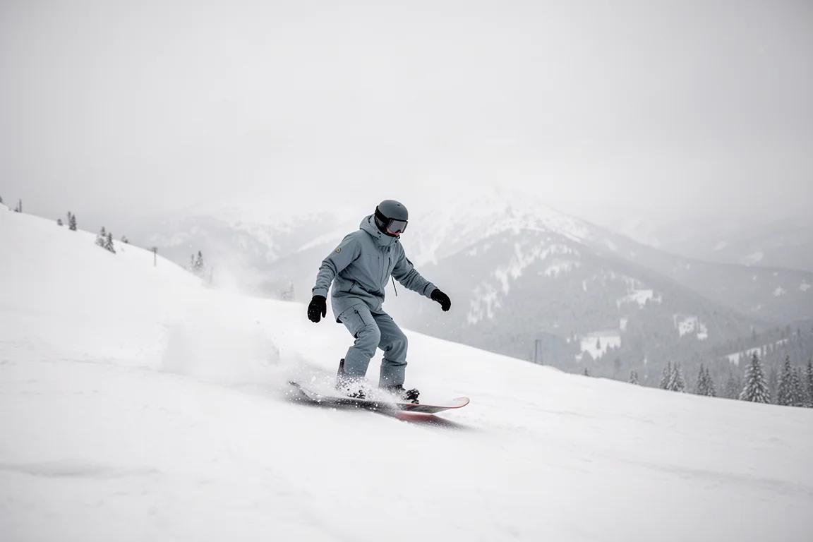 Snowboardzista jadący przez świeży śnieg w stonowanej niebieskiej odzieży technicznej