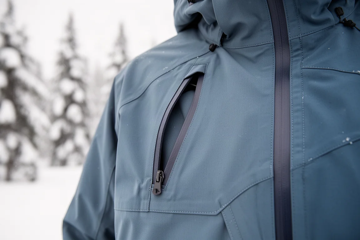 Otworzona wentylacja pod pachami w technicznej kurtce snowboardowej