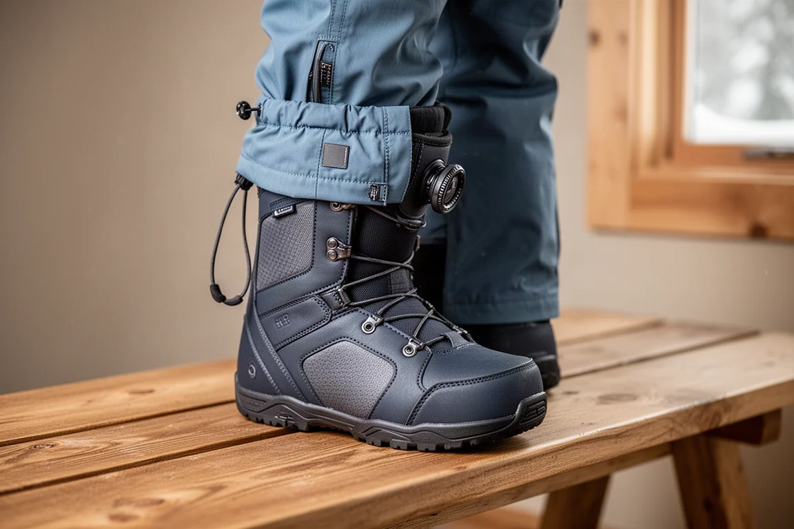 Buty snowboardowe zapięte do wewnętrznych nogawek spodni bib na ławce w schronisku