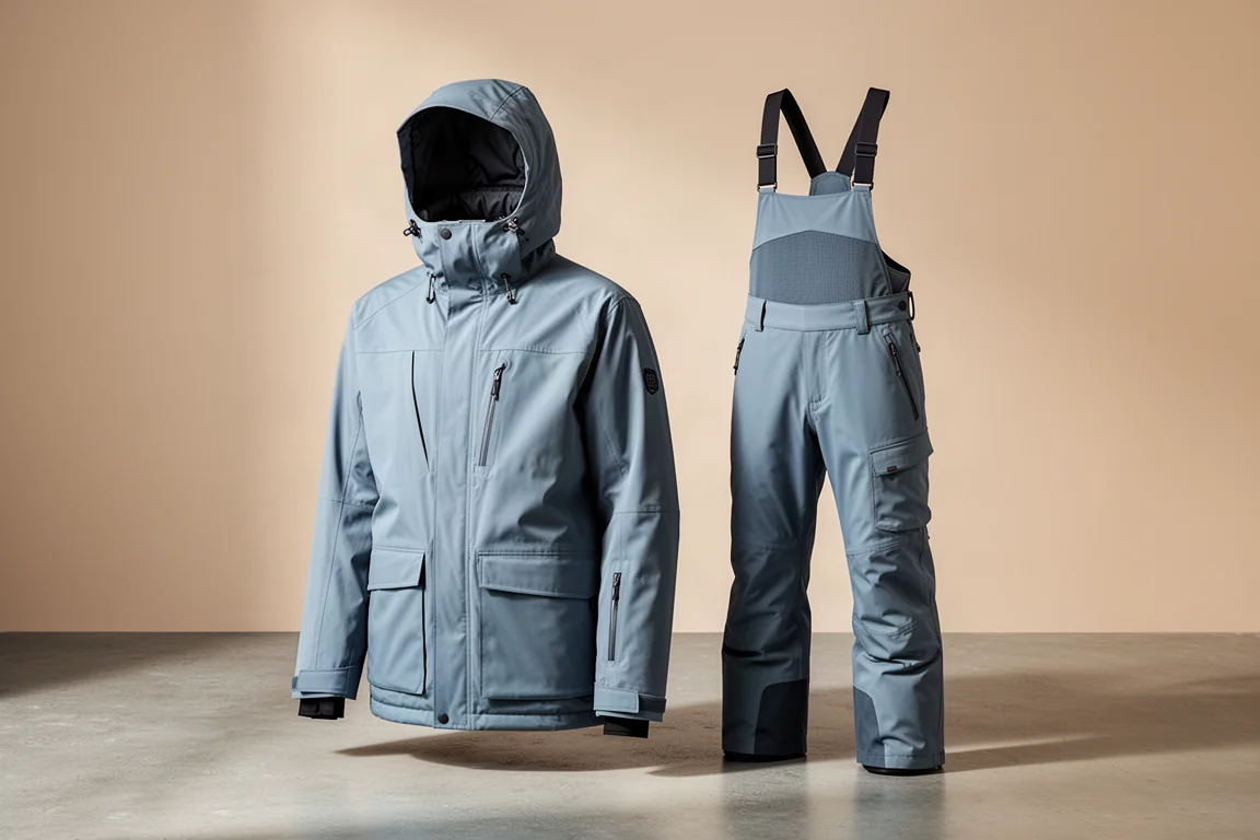 Jones Shralpinist 3L jacket and bib pants in ash blue on a concrete surface