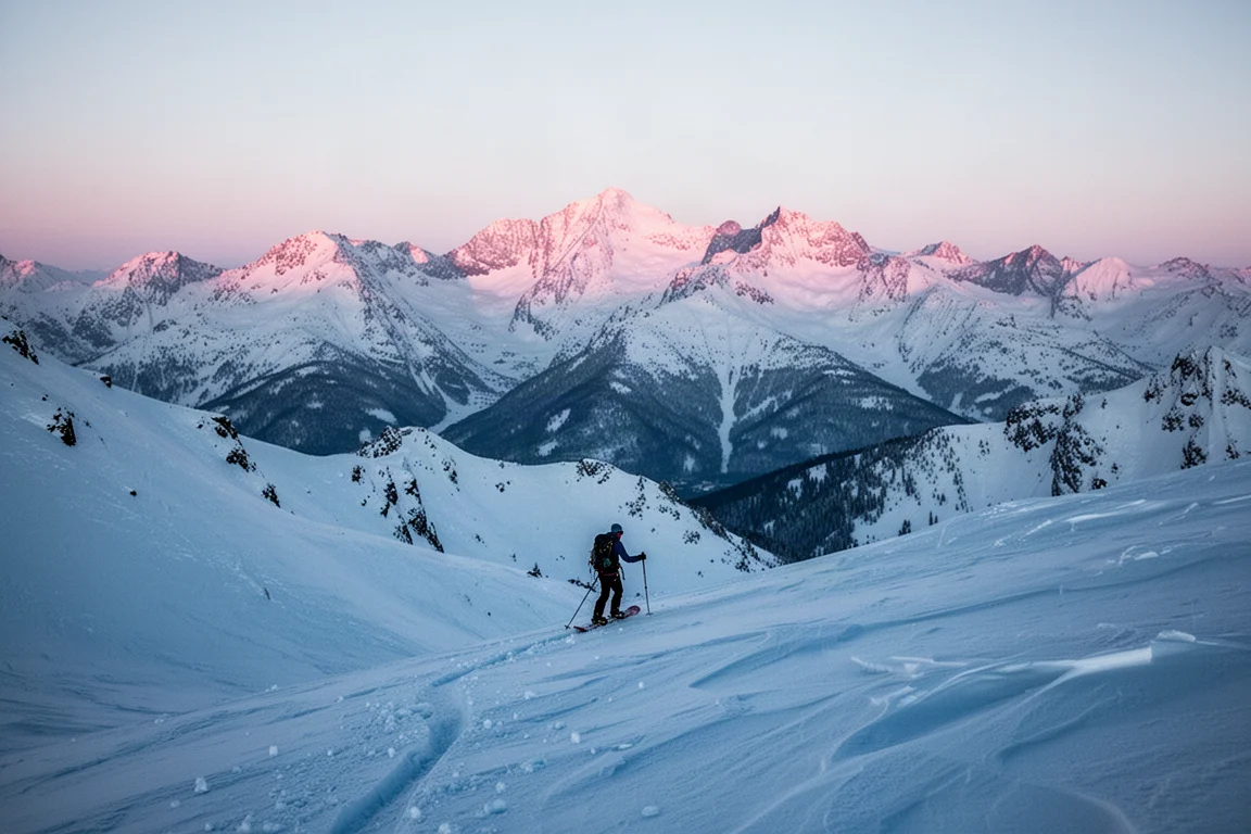 Splitboarder beim Aufstieg über einen schneebedeckten Alpenkamm im ersten Licht