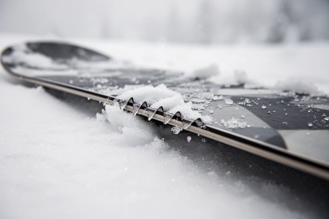 Nahaufnahme einer Snowboard-Kante mit gezahnten Erhöhungen, die sich in festen, verwehten Schnee graben
