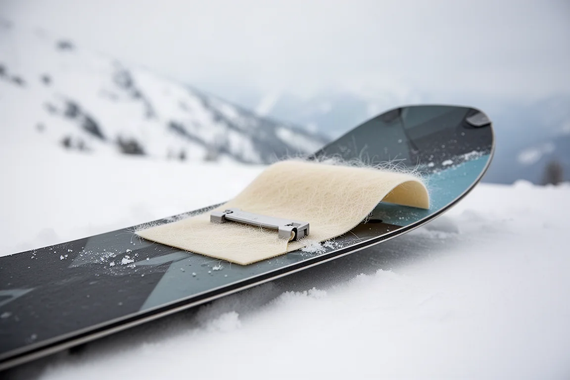 Splitboard-Heck im Schnee mit aufgeklebtem Steigfell und im Clip sitzender Heckklammer