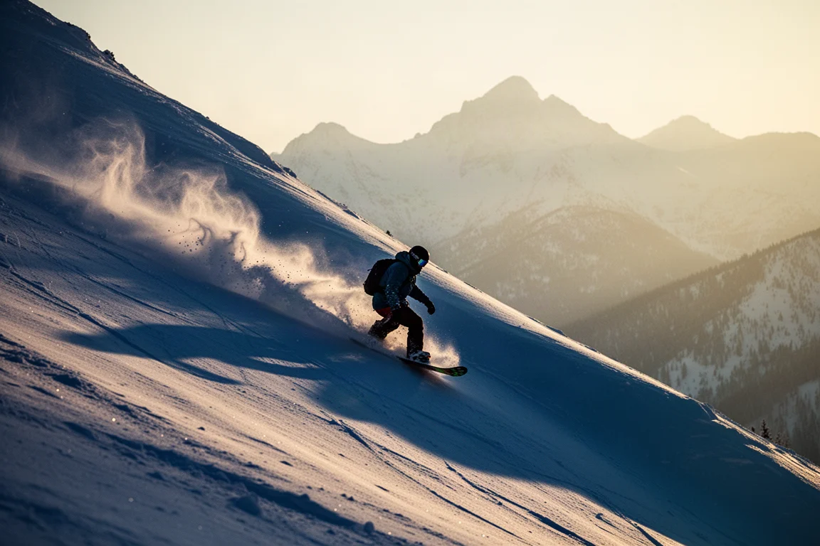 Splitboarder bei der Abfahrt einer steilen Pulverlinie im Nachmittagslicht
