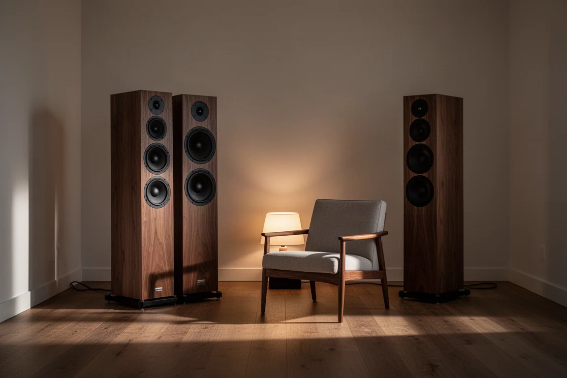 Pair of tall walnut horn loudspeakers in a warmly lit listening room at dusk