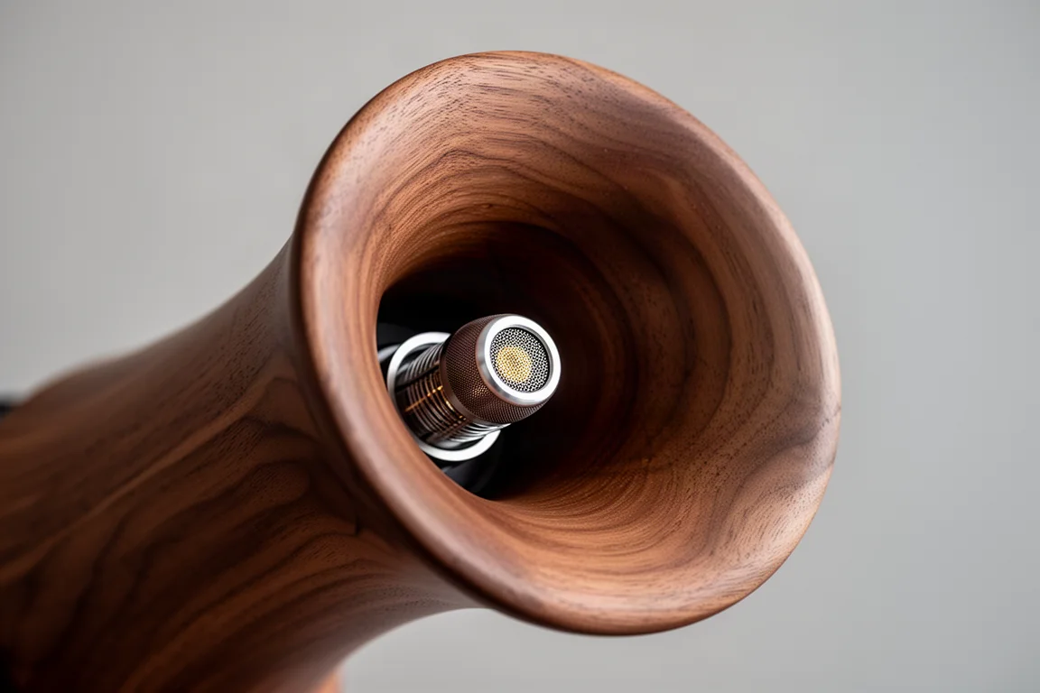 Close-up of smooth rounded walnut horn mouth with a compression driver at its throat