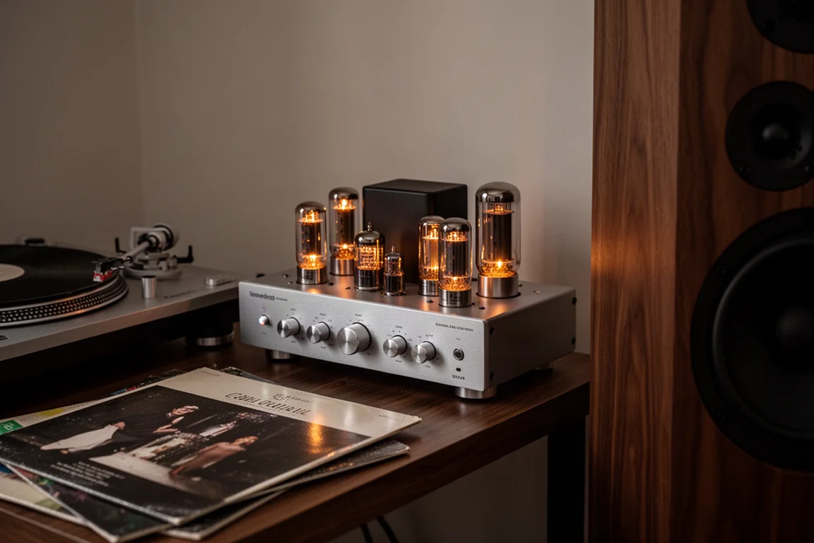 Turntable and glowing tube amplifier beside a walnut speaker in a dim room