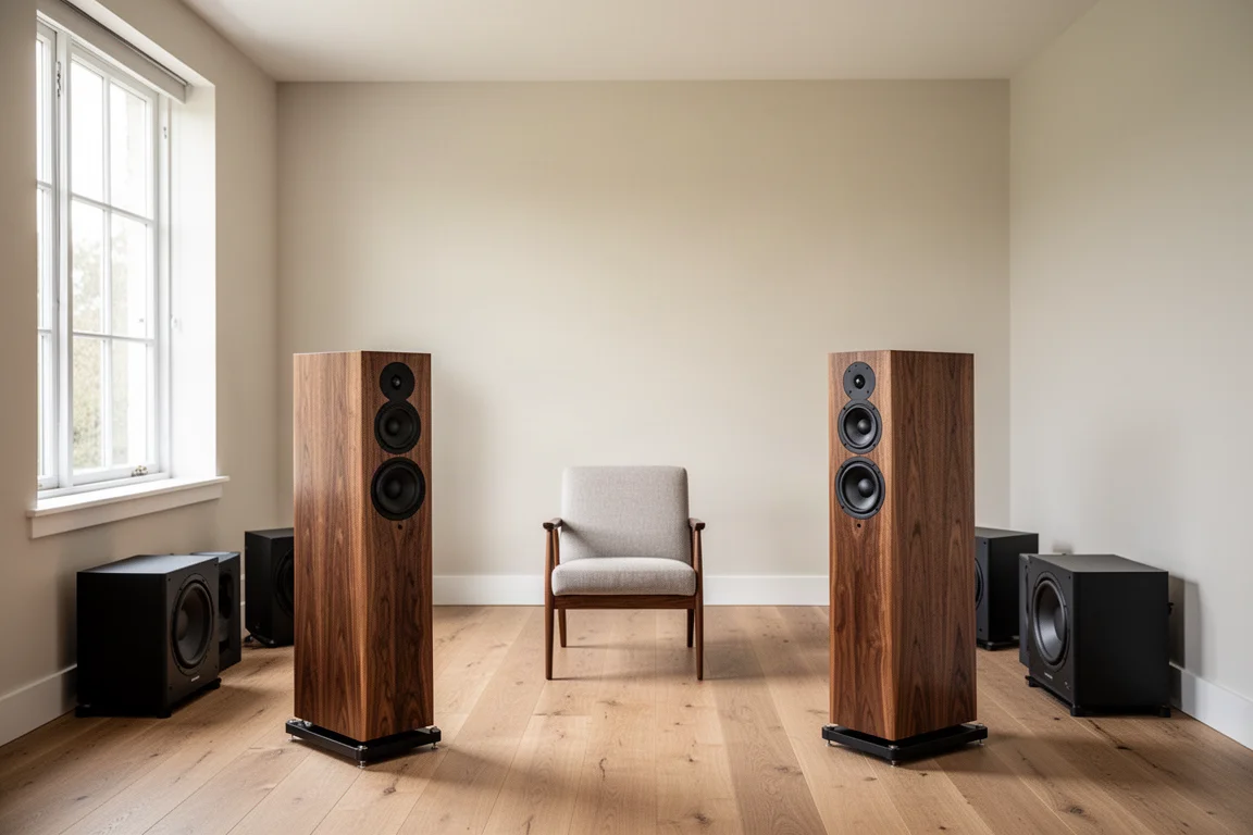Listening room layout with speakers placed forward and multiple subwoofers along a wall