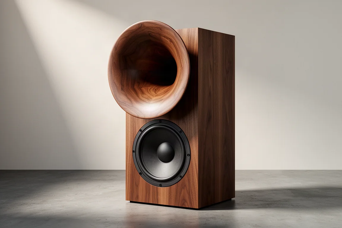 Solid walnut two-way horn loudspeaker with rounded horn above a large woofer