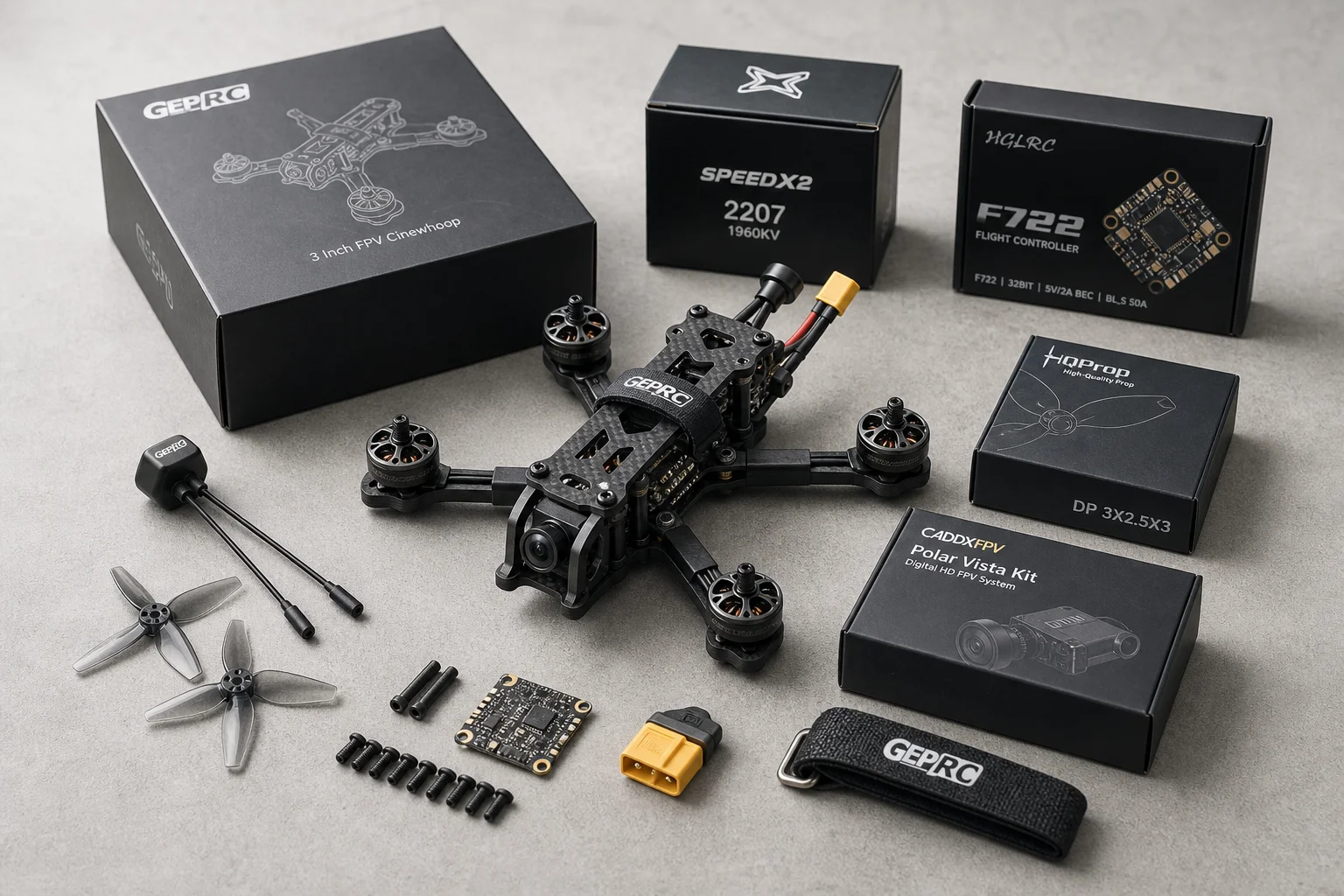 Joshua Bardwell QAV-S2 FPV 無人機套件組件排列在水泥地面上