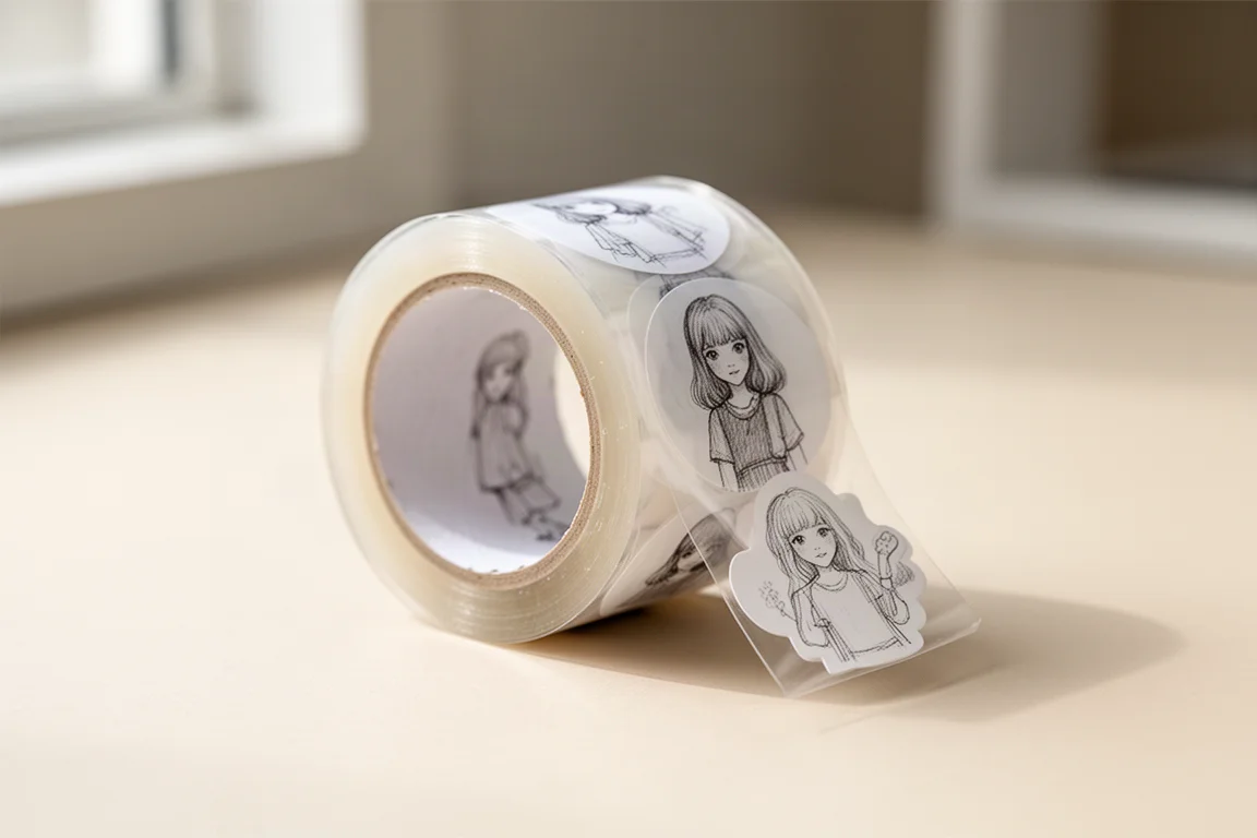 Illustrerade flicktema-klistermärken som skalas av från en slät, genomskinlig bandrulle