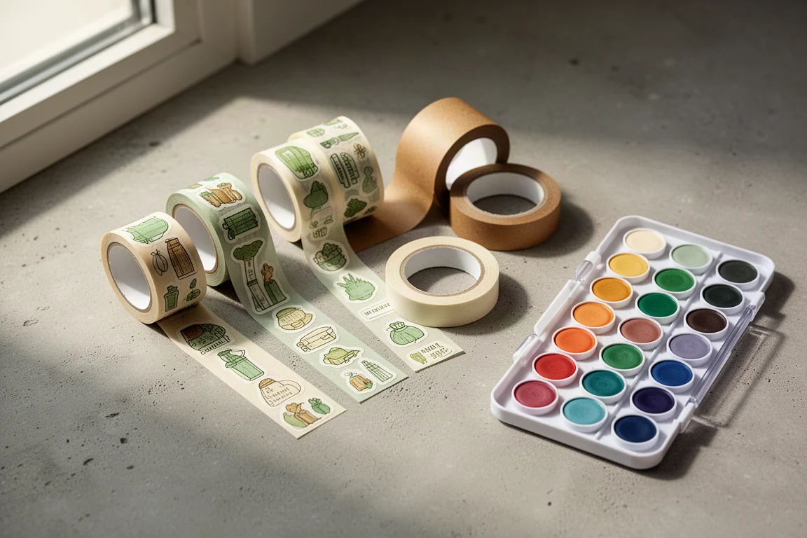Journaling tape rolls and a watercolor palette arranged on a concrete surface