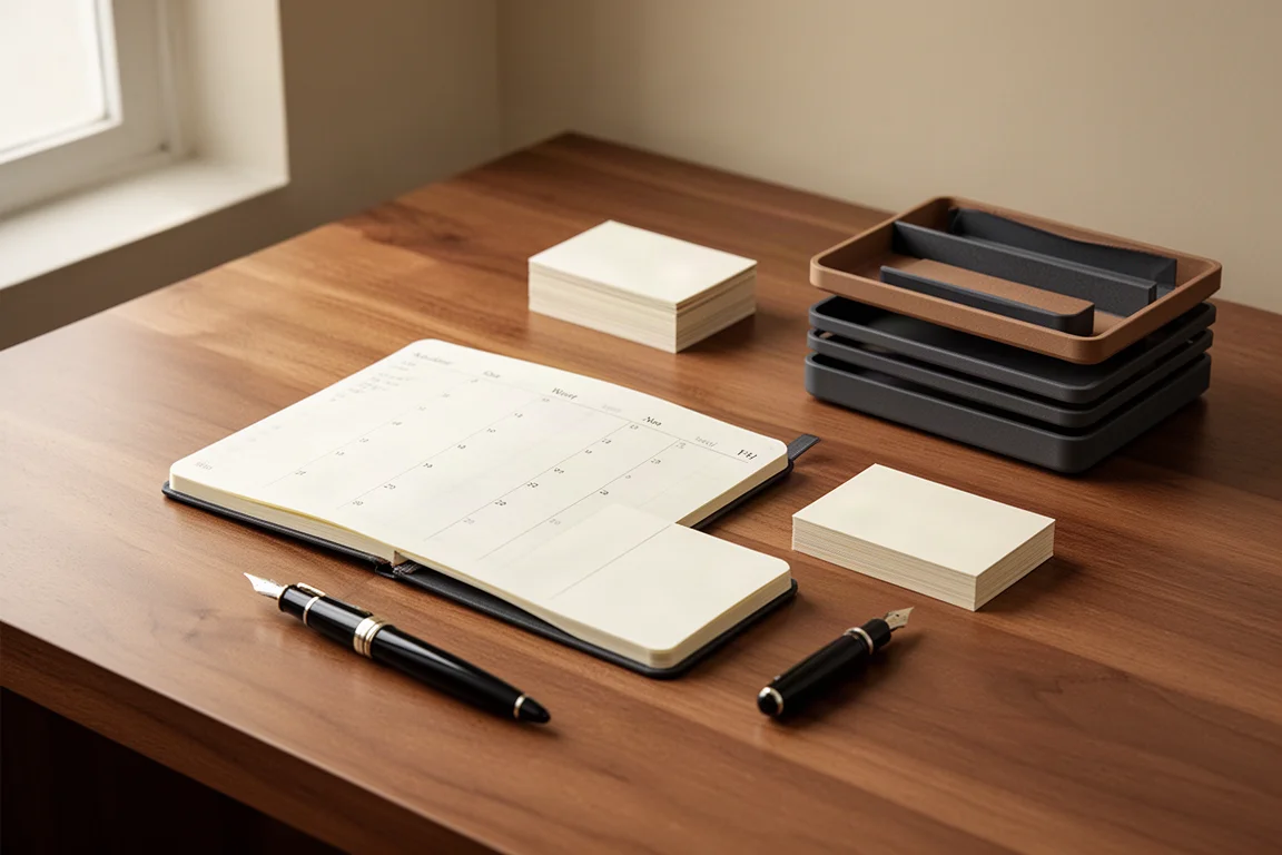 Flat-lay of a diary, index cards, pen, and desk organizer on a wooden desk