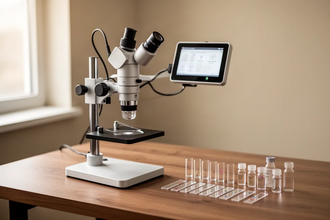 Microscope numérique installé sur un bureau avec des lames d'échantillons disposées à côté
