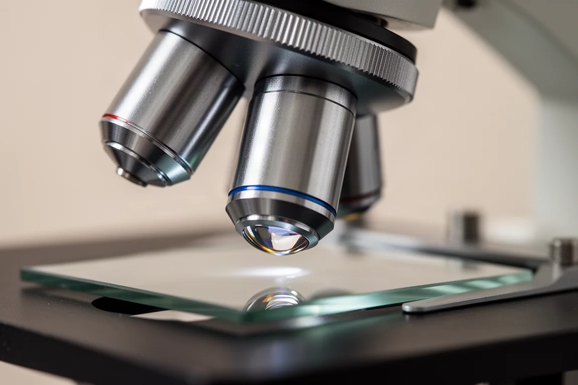 Gros plan sur un objectif de microscope mis au point sur une lame de verre