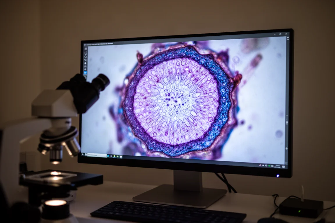 Vue microscopique éclatante d'une structure de tige de plante colorée sur un écran