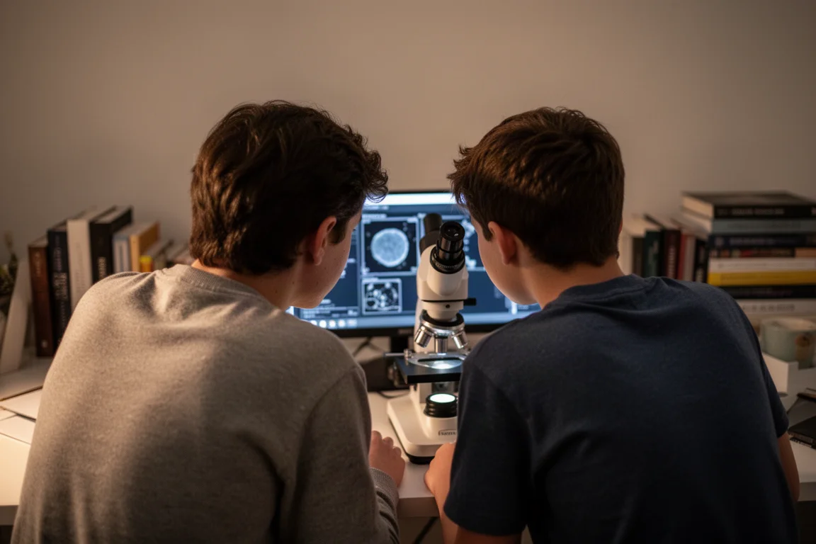 Des membres d'une famille réunis autour d'un microscope explorant des échantillons à un bureau