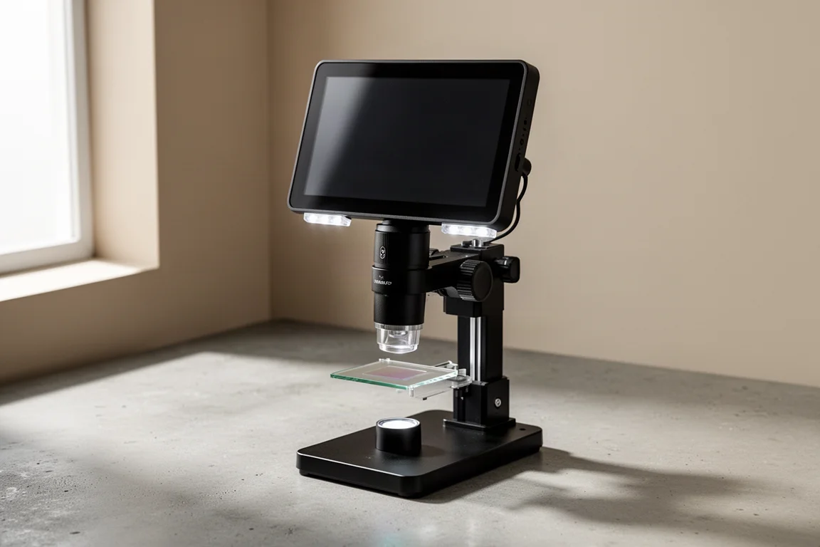Digital microscope with built-in screen and adjustable stand on a neutral surface
