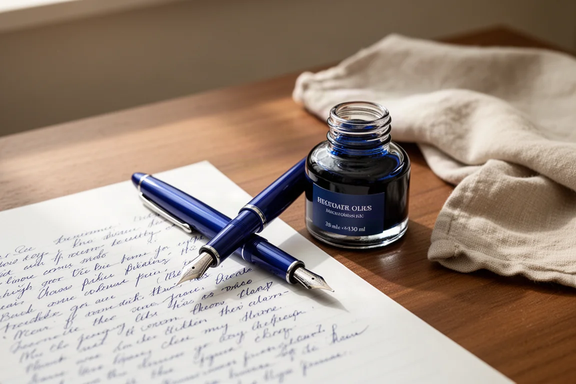 Estilógrafo, tintero y papel de escritura dispuestos sobre un escritorio