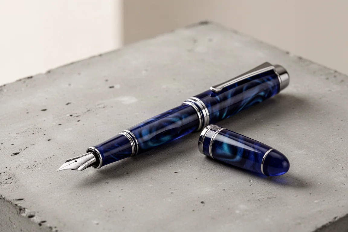 Deep blue resin fountain pen with rhodium trim lying on a concrete surface