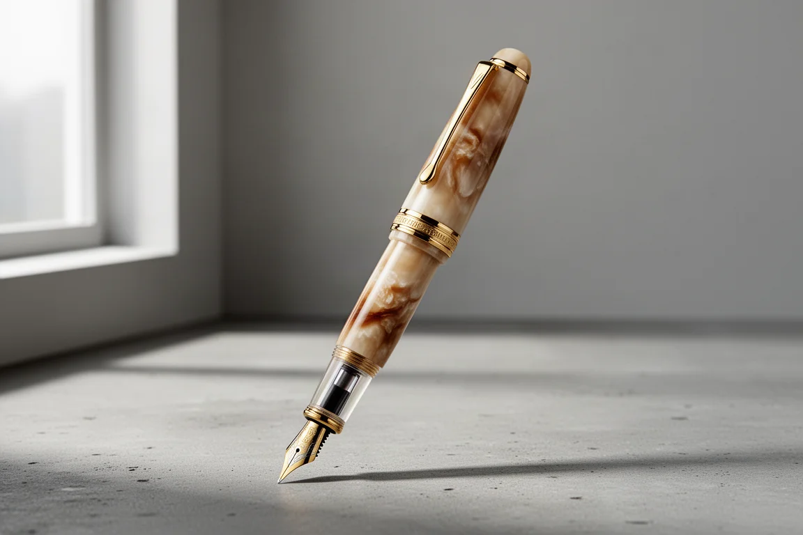 Penna stilografica Joya Metis Cappuccino Gold in piedi su una superficie di cemento