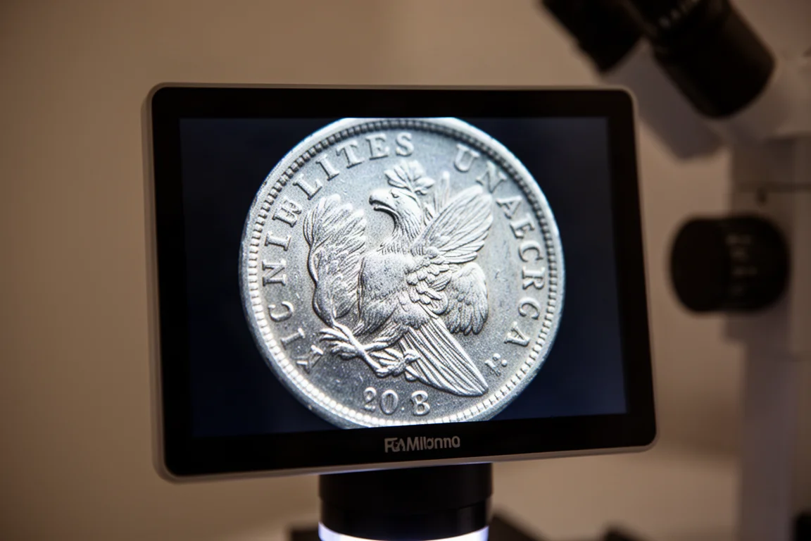 Close-up of a coin's surface magnified sharply on a microscope screen
