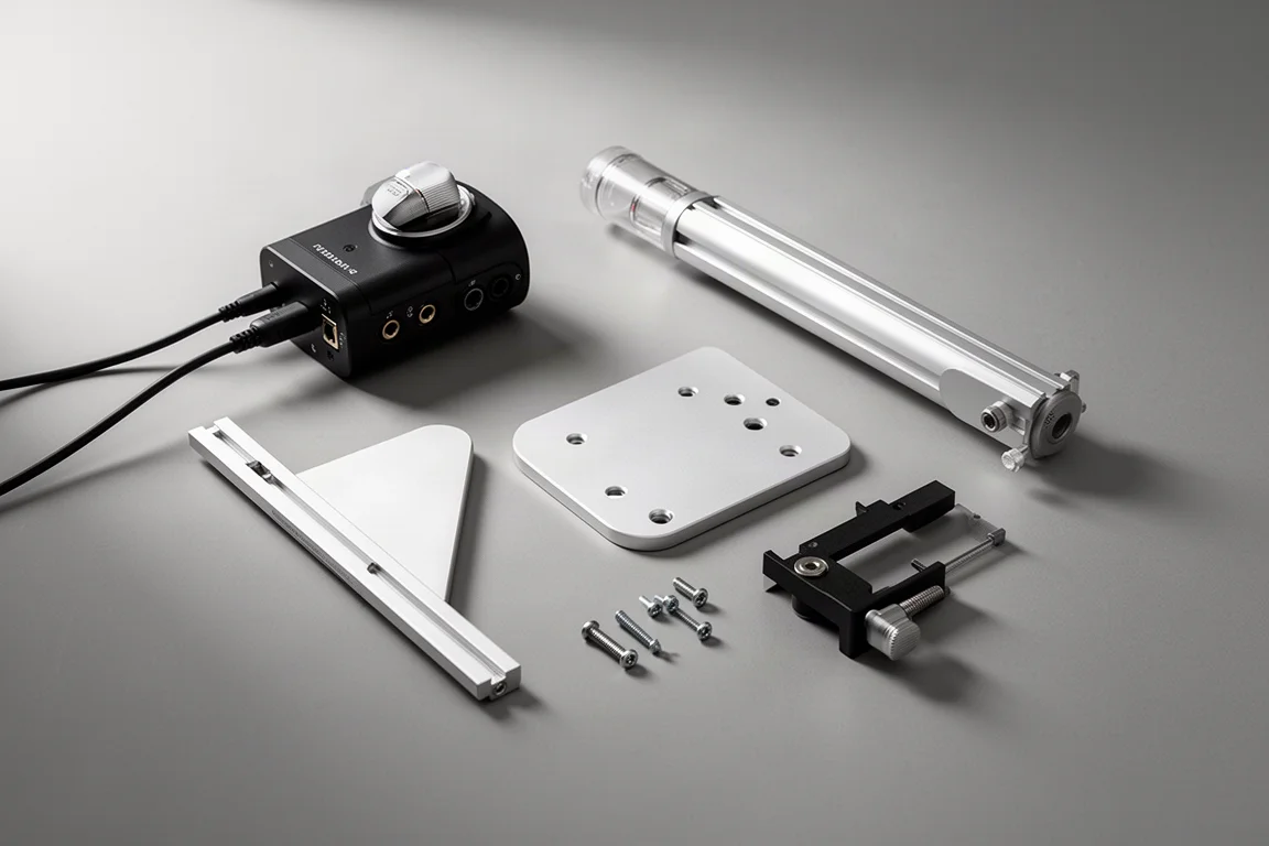 Disassembled microscope parts laid out on a desk for reassembly