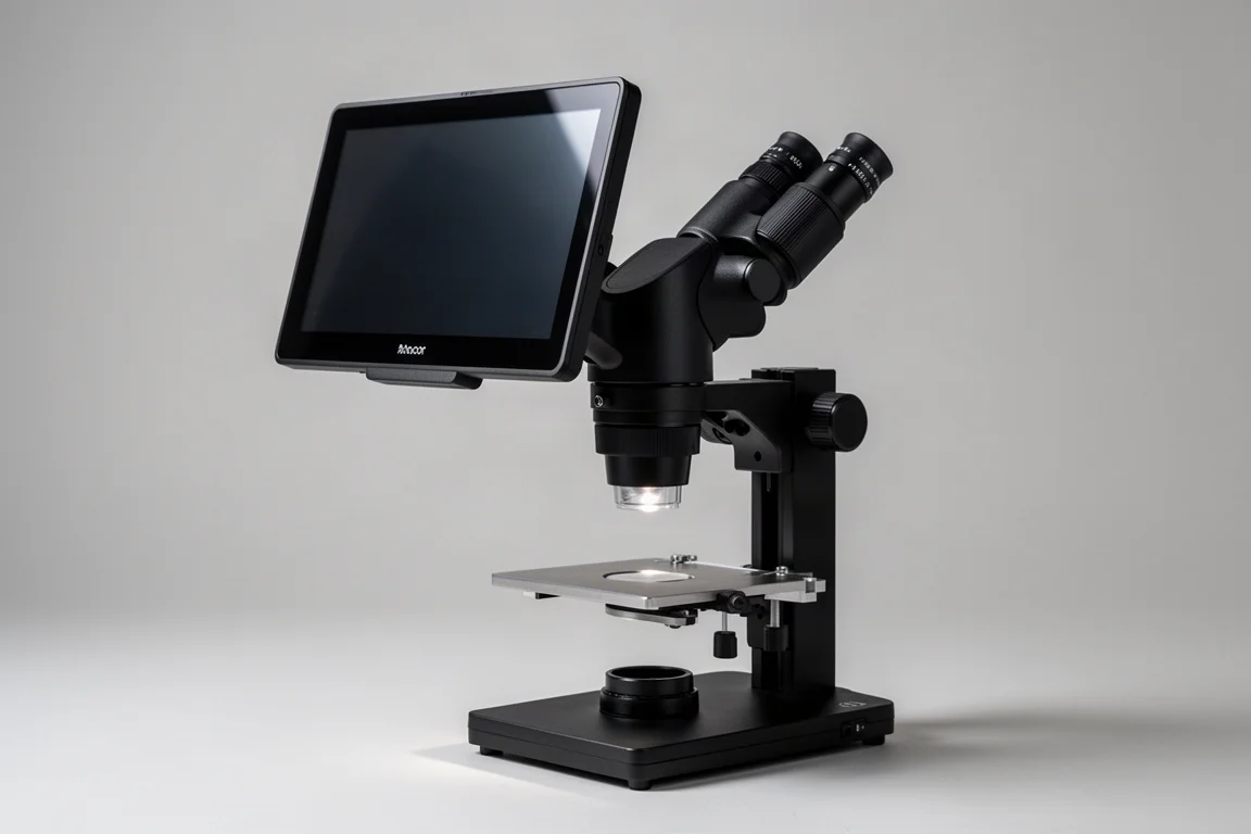 Microscopio digitale JoyaLens JL-249 con grande schermo integrato su sfondo grigio