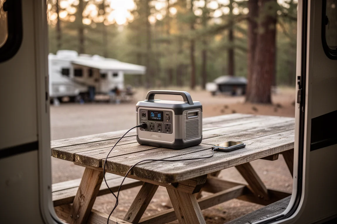 Draagbare powerstation op een campingtafel die kleine elektronica oplaadt
