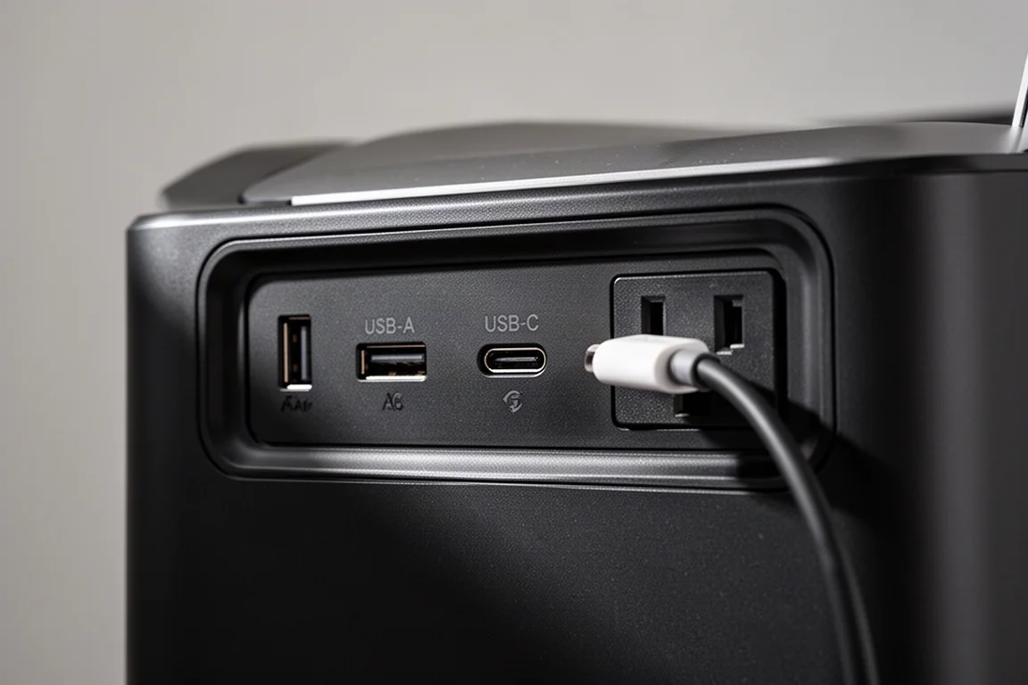 Close-up van USB-C- en AC-uitgangspoorten op een kleine powerstation