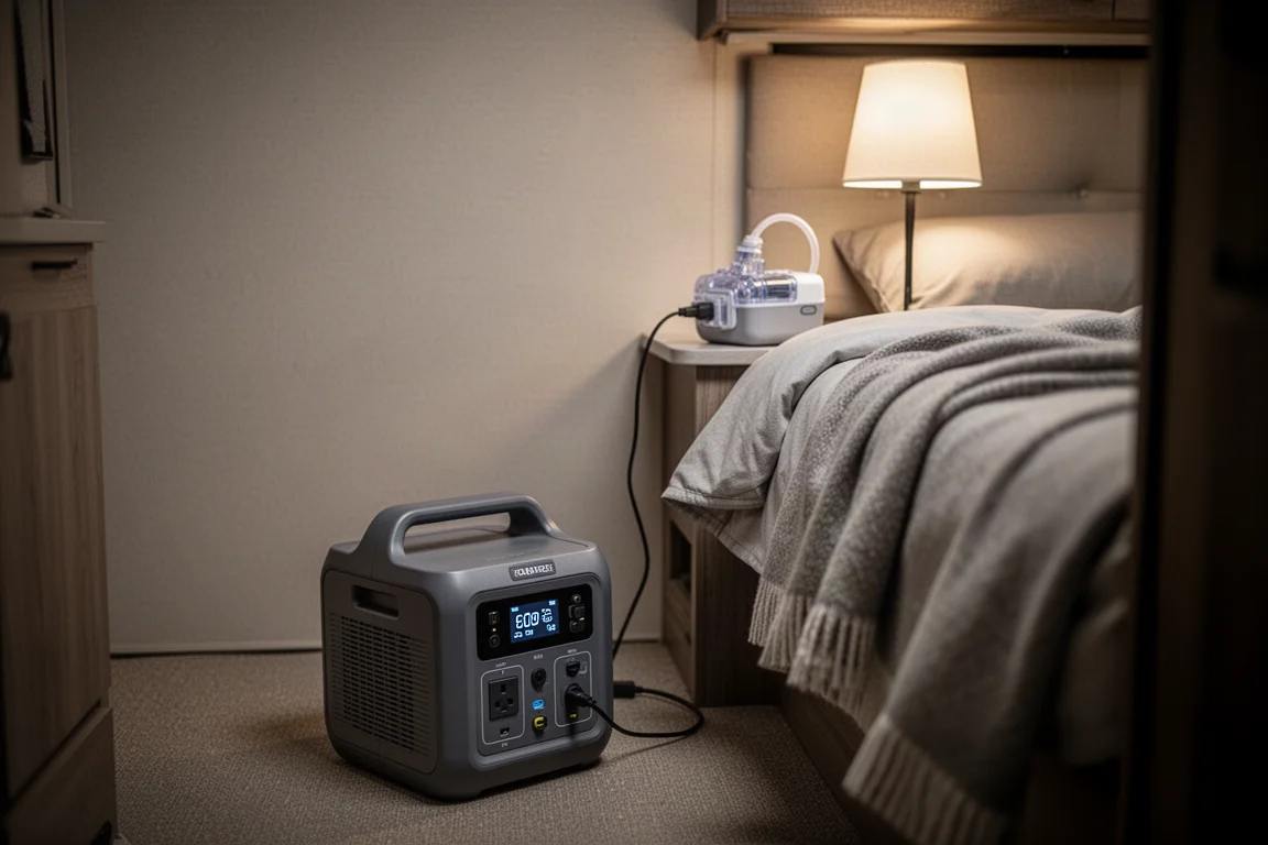 CPAP-apparaat aangesloten op een powerstation aan een bed in een camper