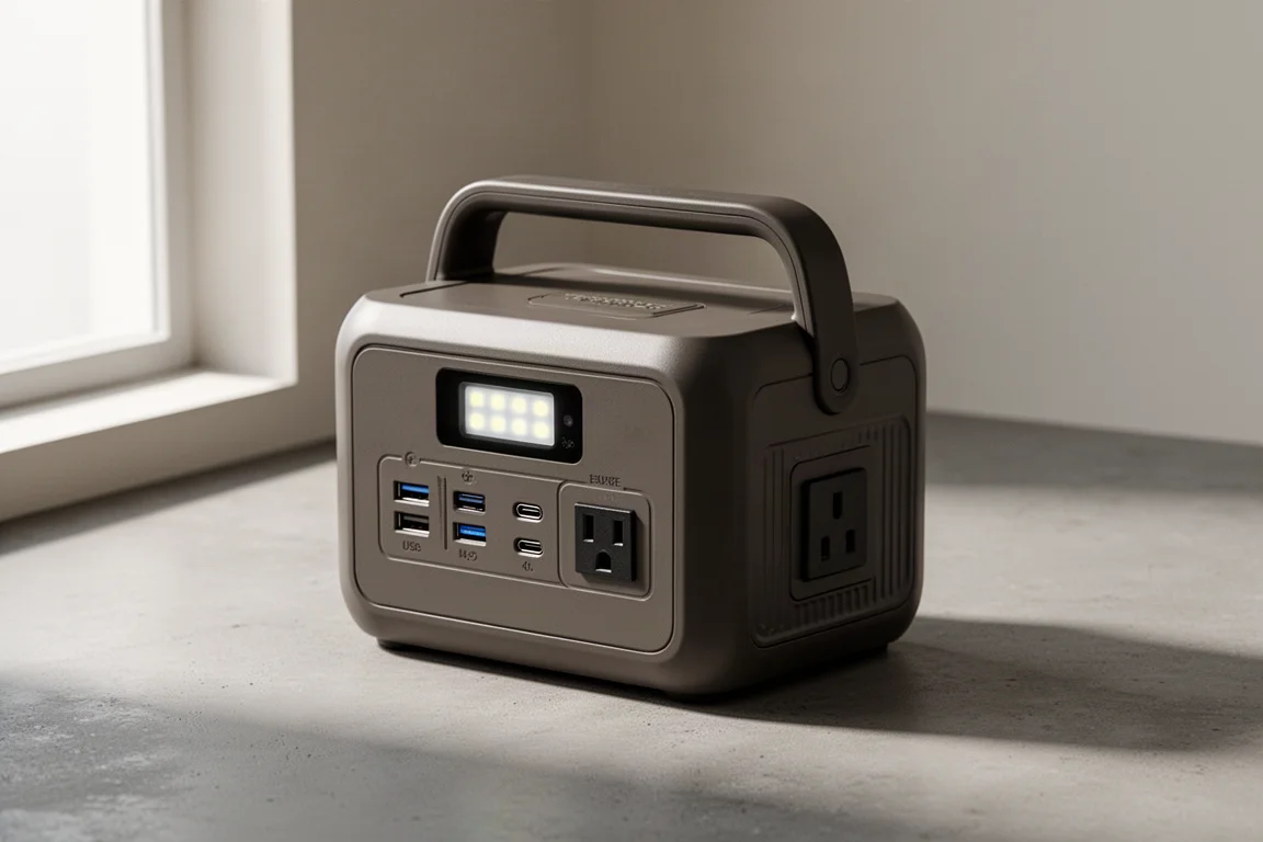 Compact lunchbox-style 300W portable power station on a concrete surface