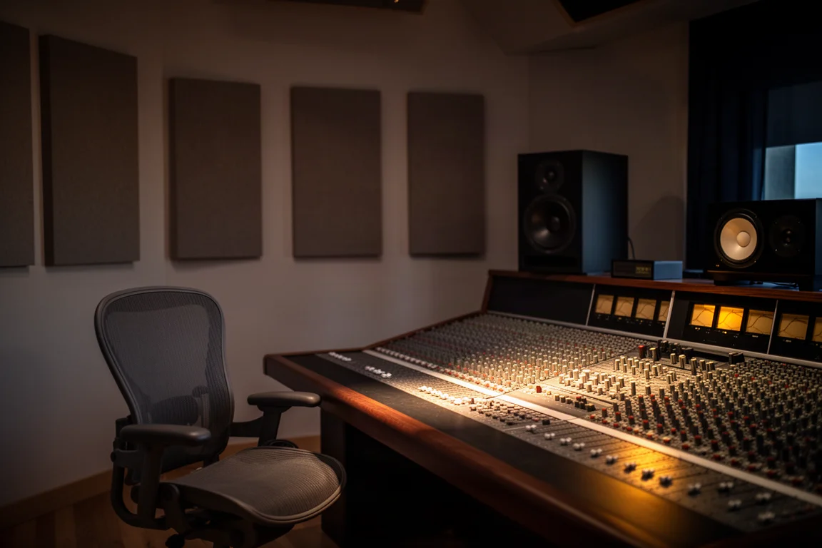 Sala de control de estudio de grabación tenuemente iluminada con mesa de mezclas y monitores al anochecer