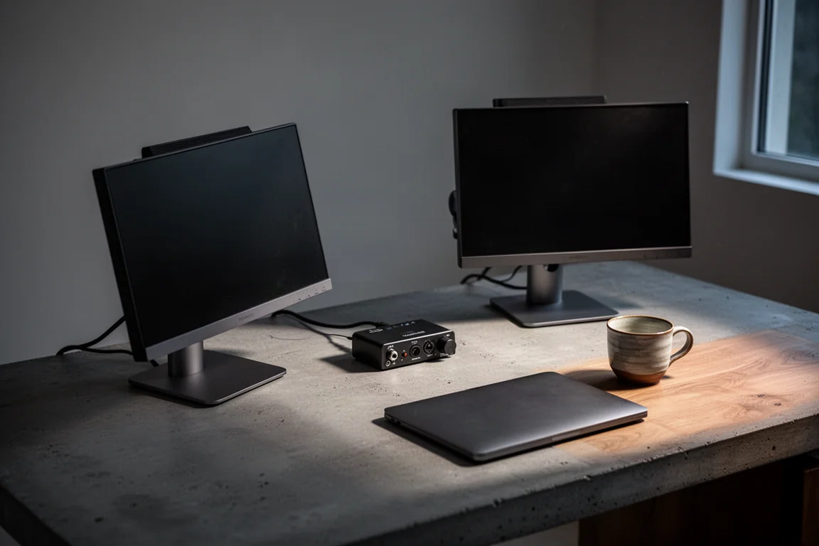 Escritorio de estudio doméstico visto desde arriba con dos monitores compactos, interfaz de audio y cuaderno