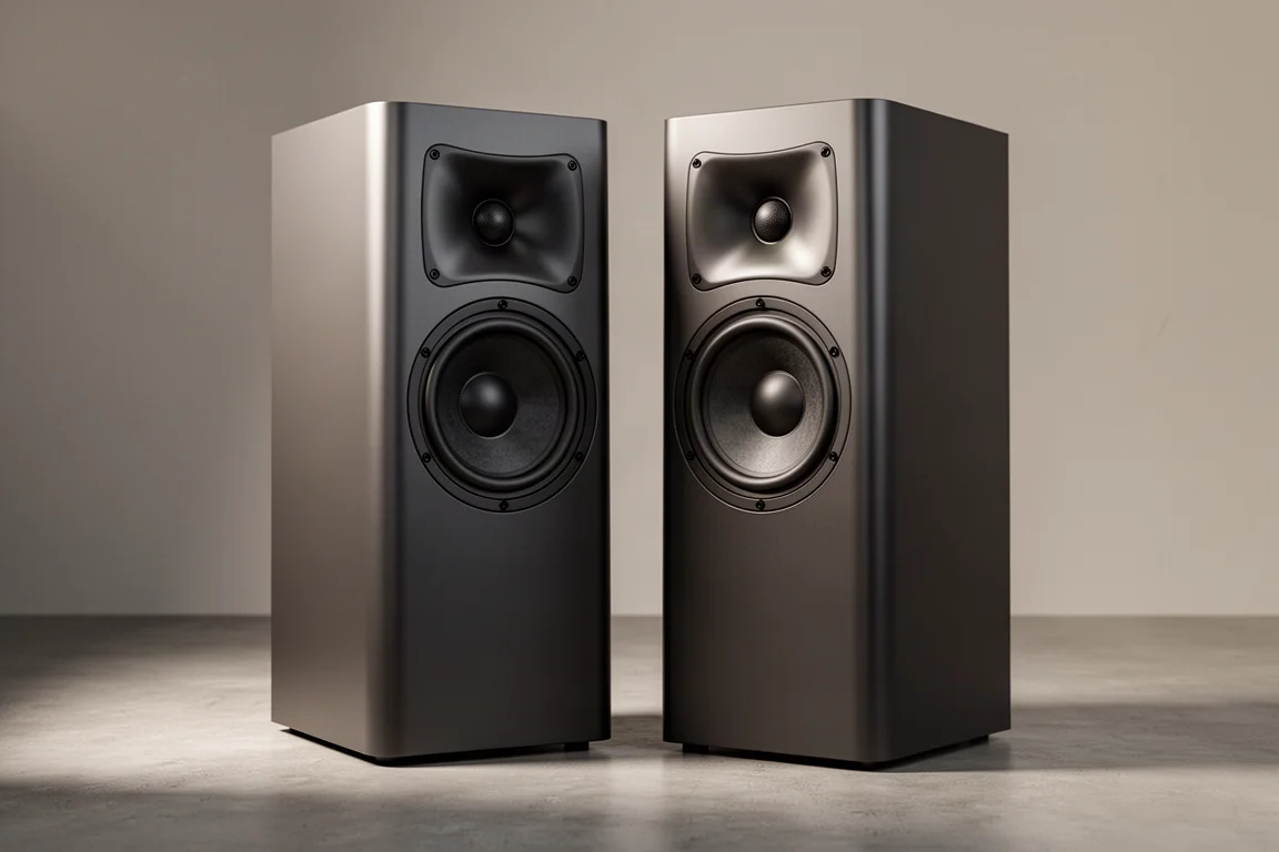 Hand-built JS Labs active studio monitors with matte finish and curved tweeter waveguides