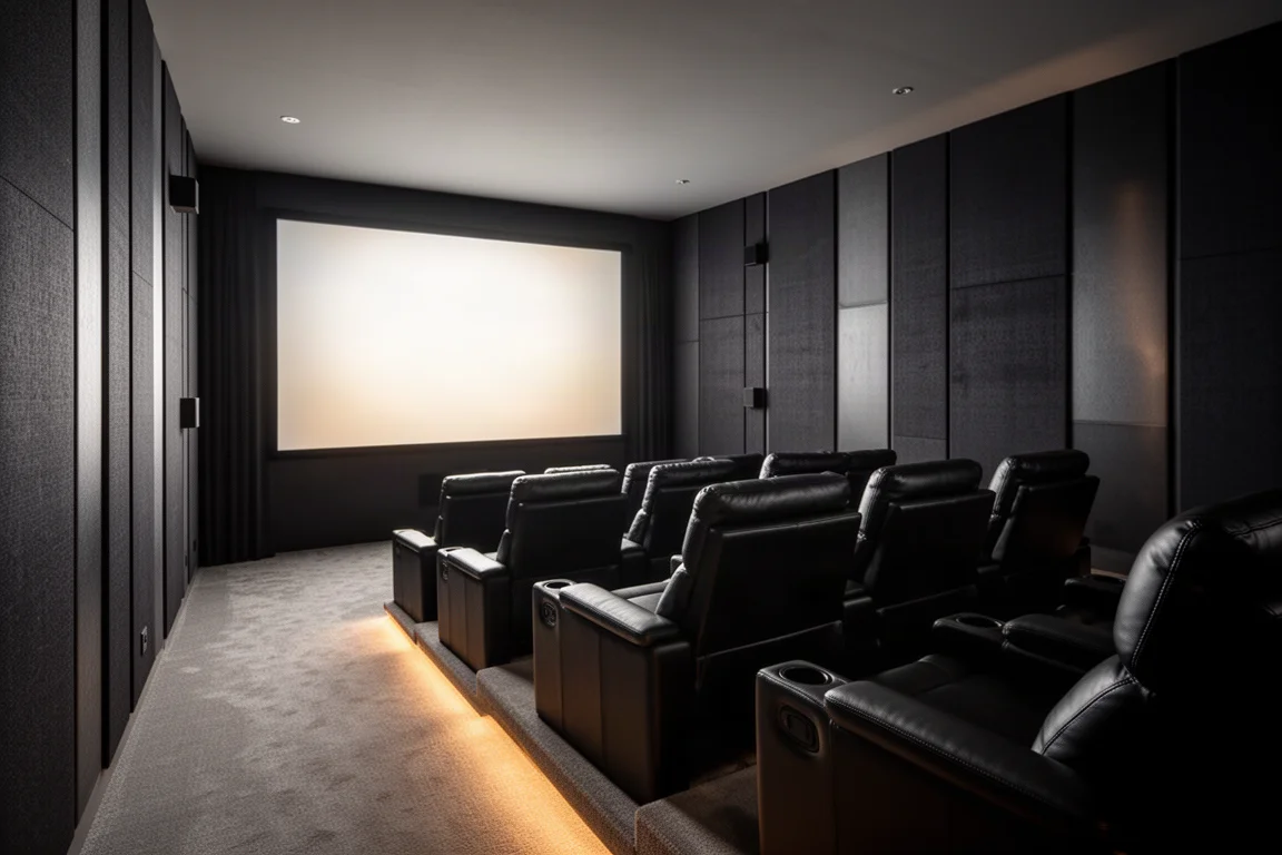 Donkere home theater met rijen zwarte ligstoelen tegenover een lichtgevend scherm