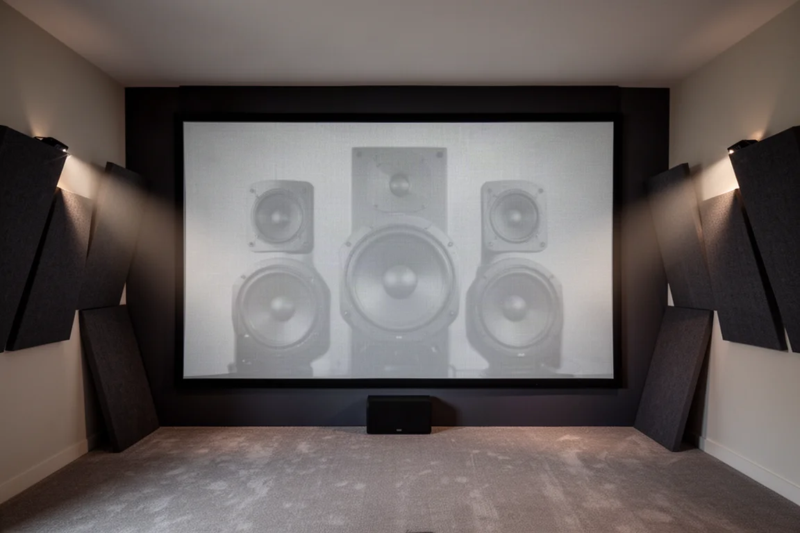 Groot akoestisch transparant scherm met schuine akoestische panelen in een home theater