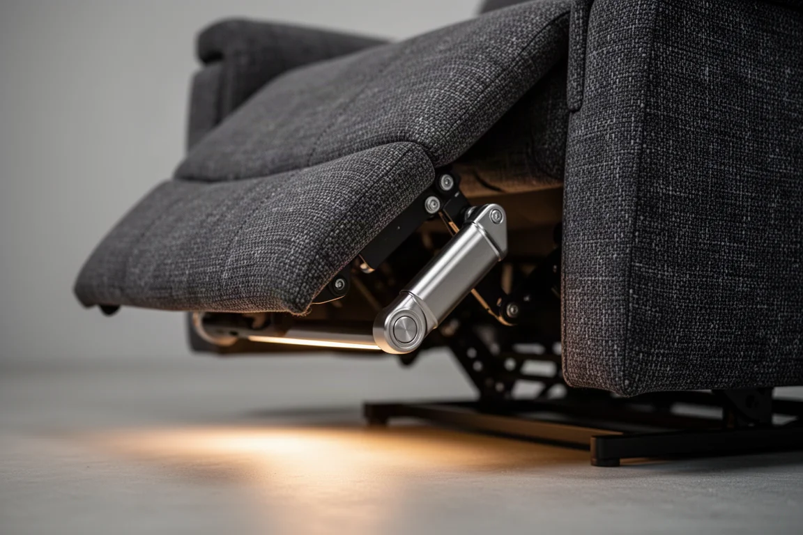 Close-up van een home theater ligstoel met een metalen motion actuator eronder