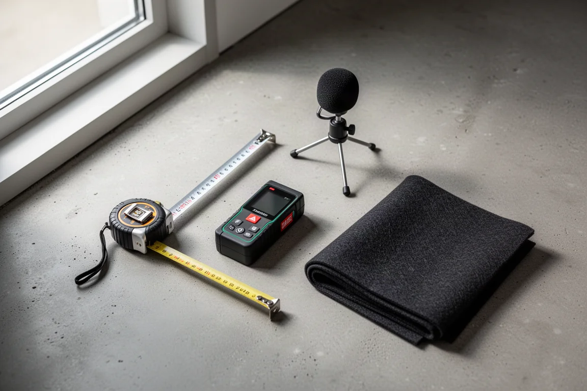 Overhead flat-lay van meetlint, calibratiemicrofoon en akoestisch stofstaal