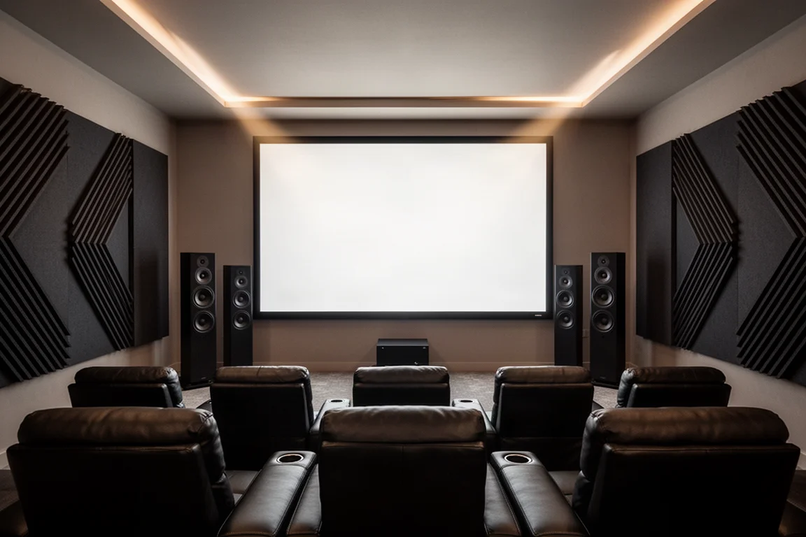 Home theater room with large projection screen, tall speakers, acoustic panels, and reclining seats