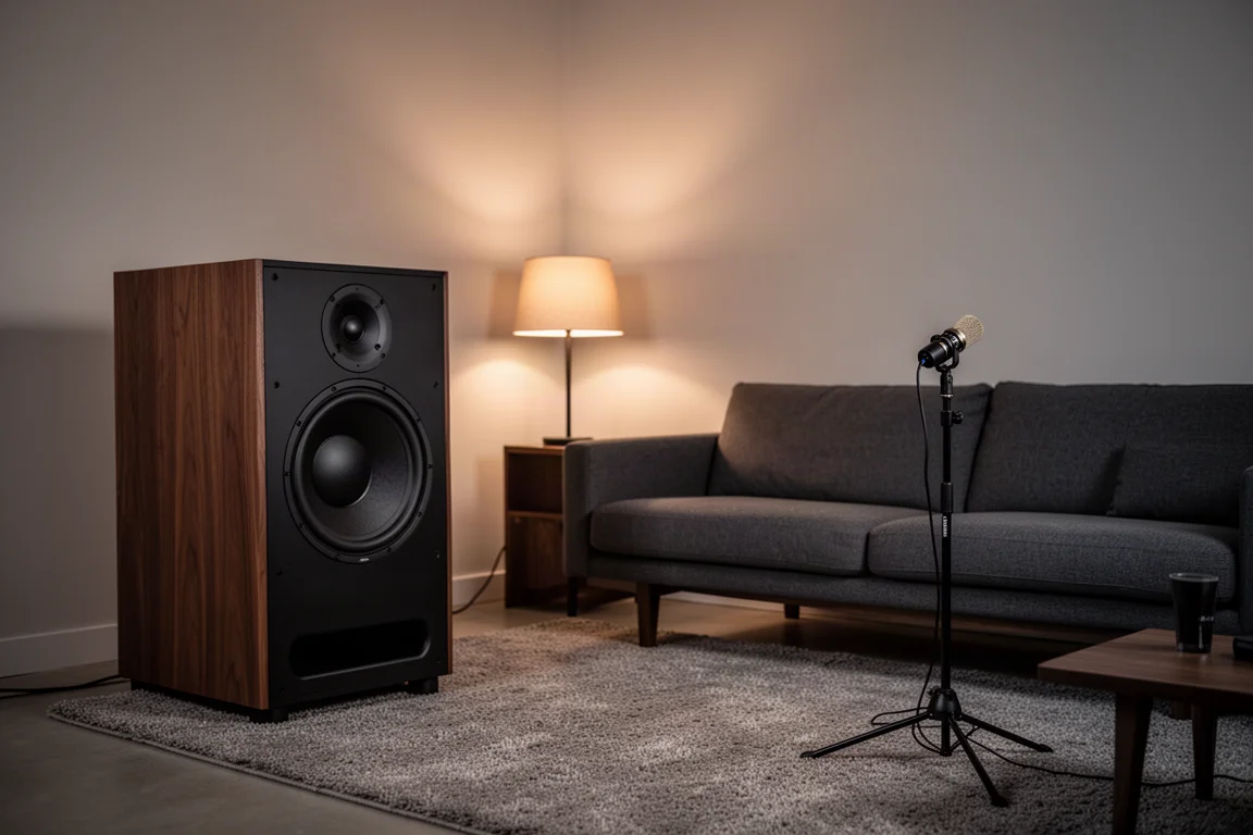 Lyssningsrum med en stor subwoofer bredvid en soffa och en mätmikrofon på stativ