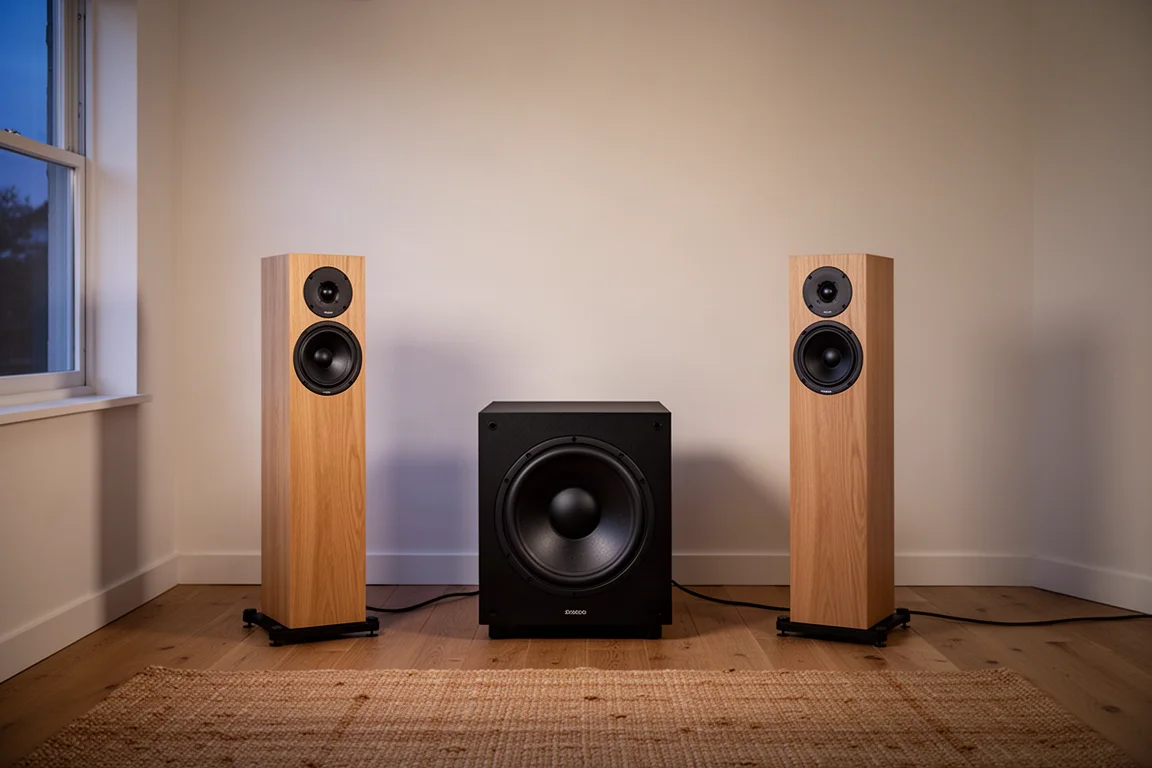 Golvhögtalare och en stor sluten subwoofer arrangerade i ett mjukt upplyst lyssningsrum