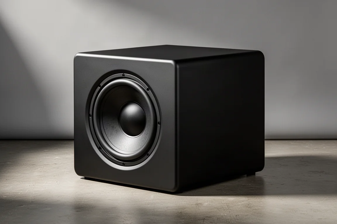 Large matte black sealed subwoofer cabinet with a single 12-inch driver on a concrete floor