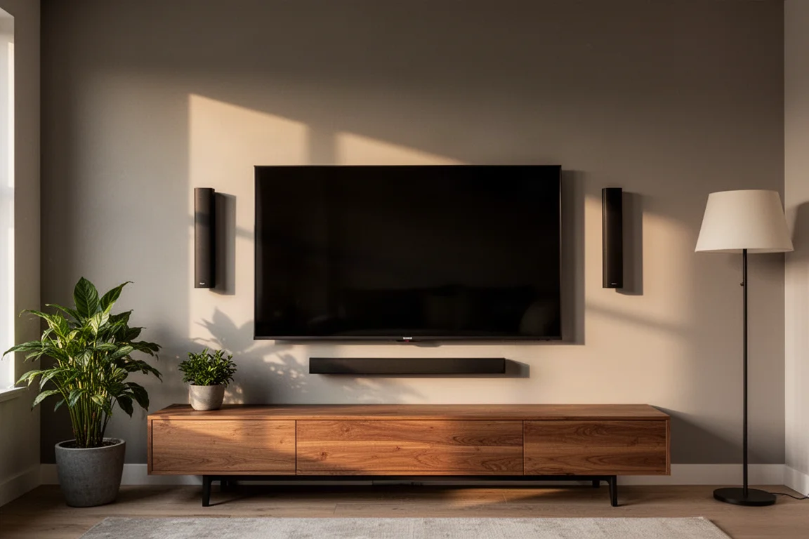 Modern living room with a flat-screen television flanked by two slim matte black wall speakers